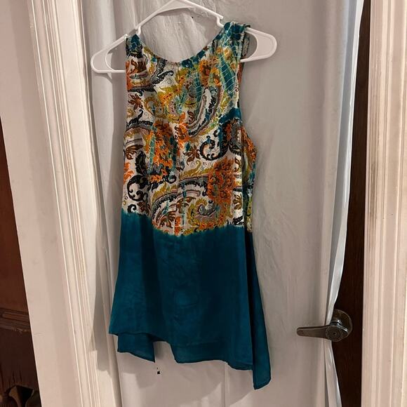 Language teal 100% silk tank top tie front shark bite hem size medium - Picture 5 of 5